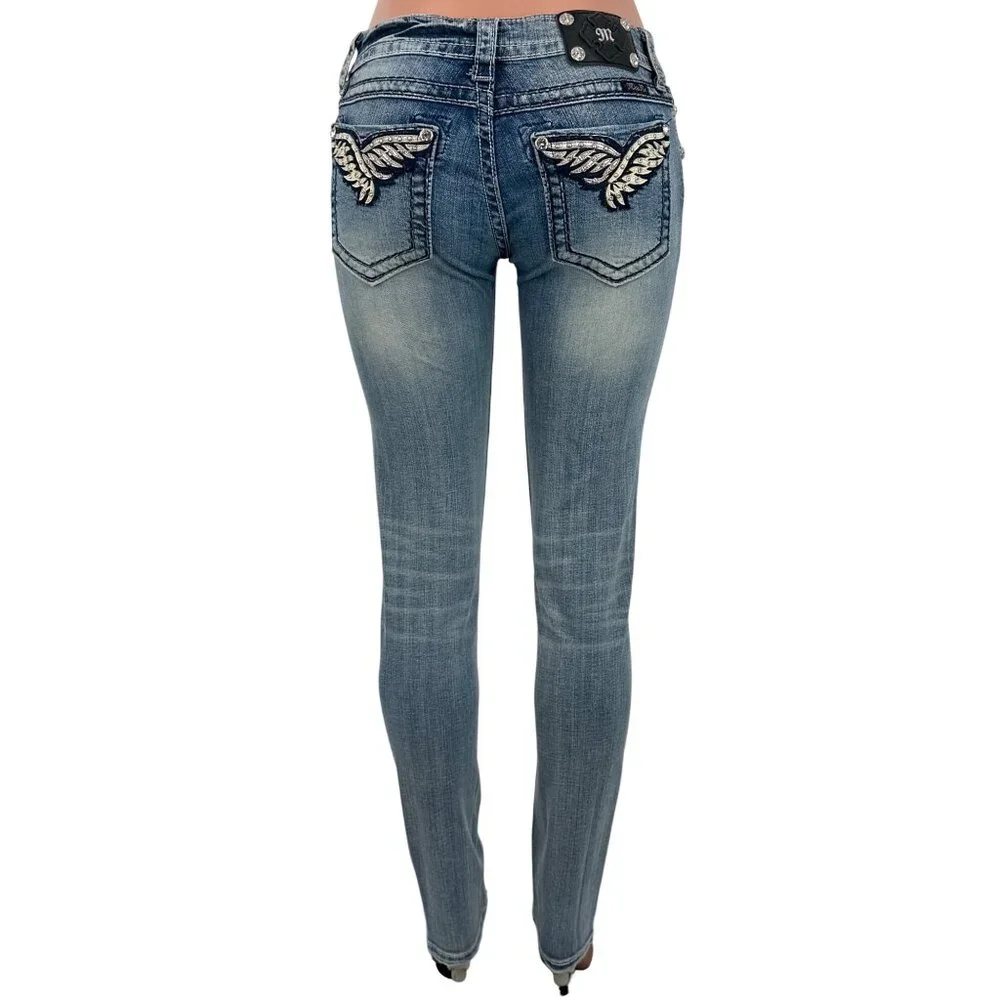 Miss Me Rhinestone Wing Distressed Skinny Jeans | McBling Y2K Early 2010s Tumblr - Picture 6 of 16